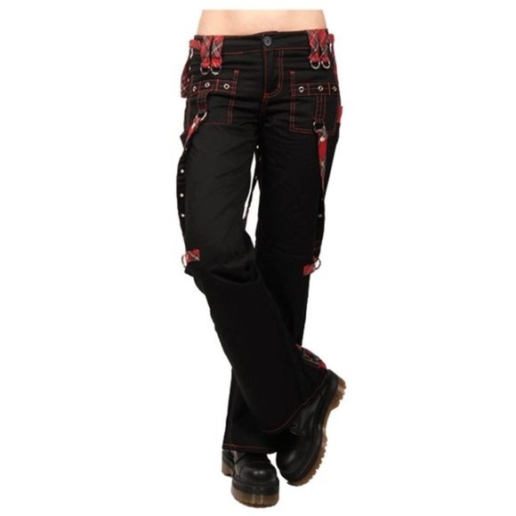 Black straight legged pants red contrast stitching plaid tartan suspenders punk - Picture 1 of 5